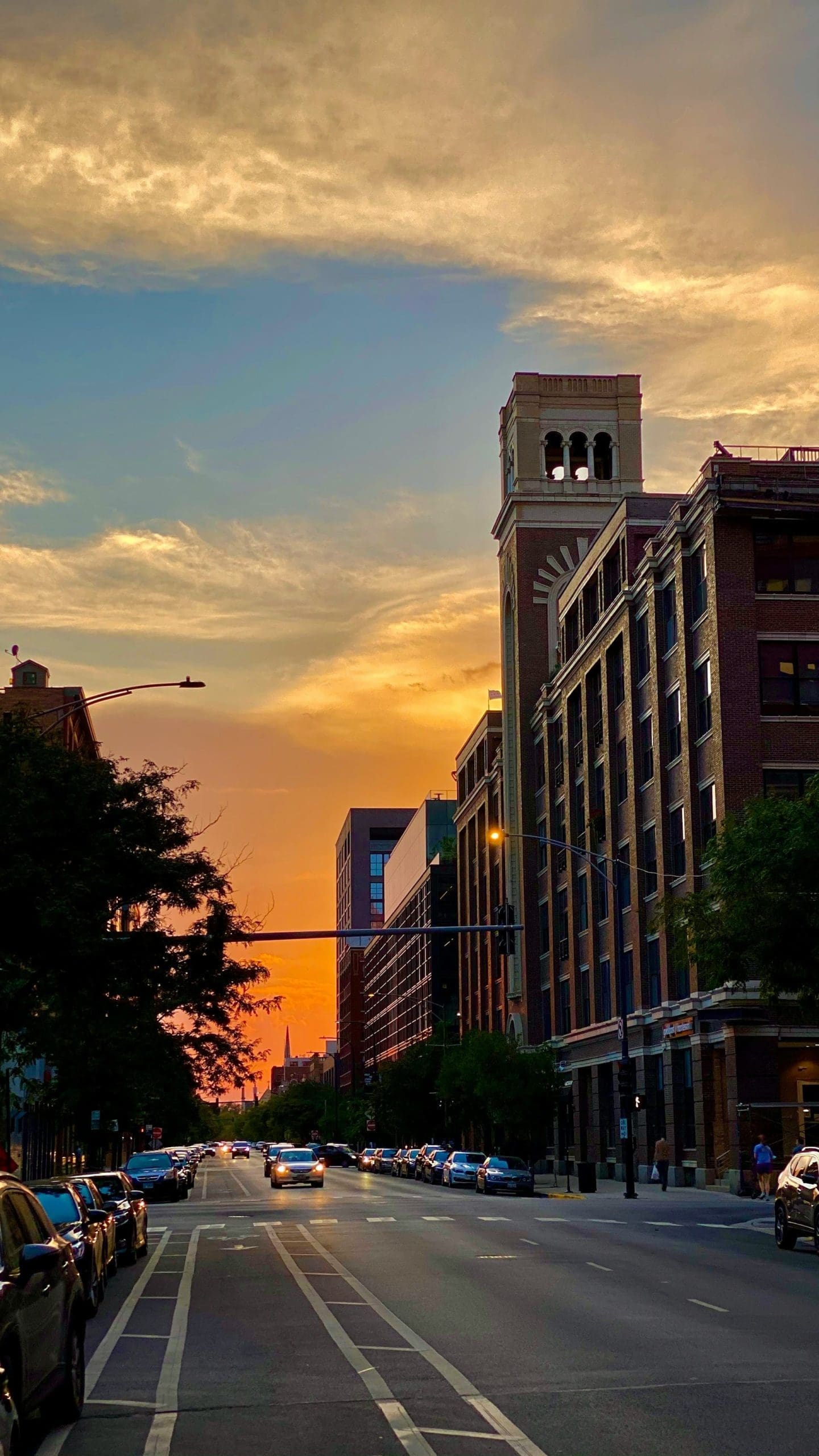 The West Loop in Chicago at sunset.