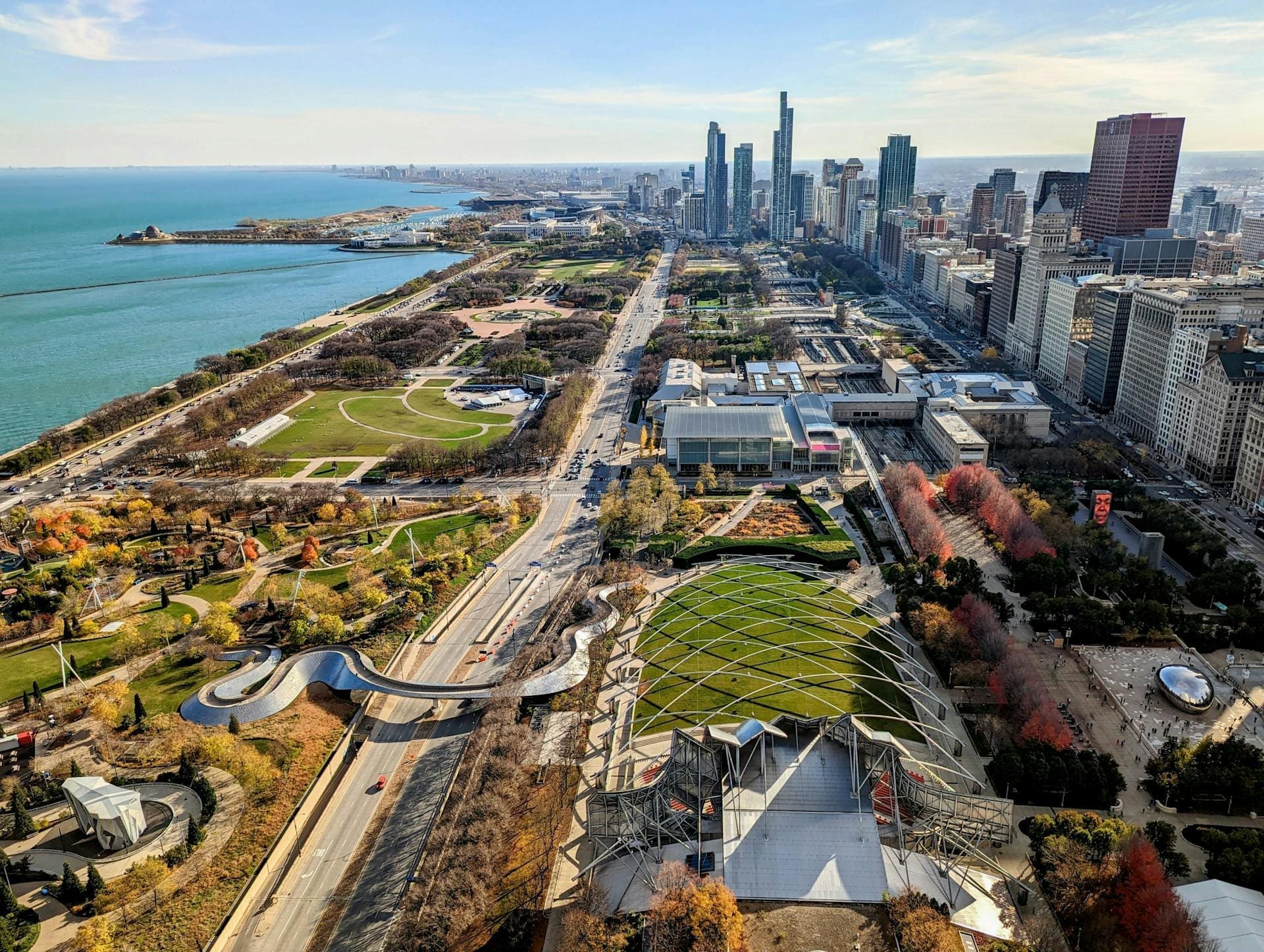 A bird's eye view photo of Millennium Park in Chicago, looking south.