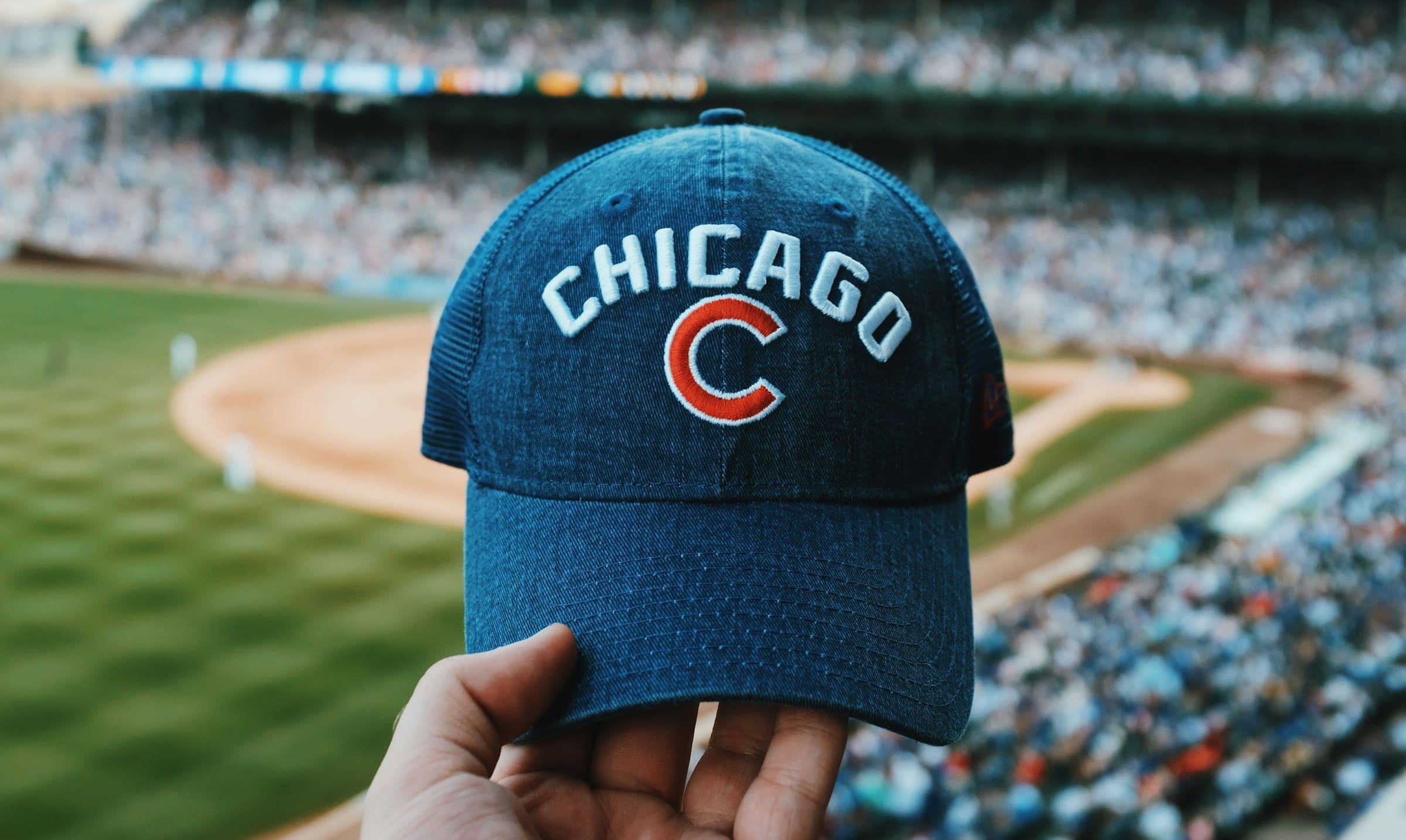 A photo of a person holding up a Chicago Cubs baseball cap.