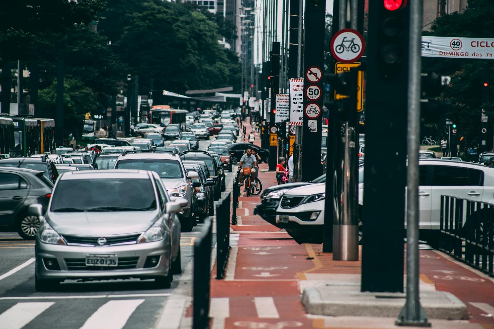 A photo of traffic backed up on a city street.