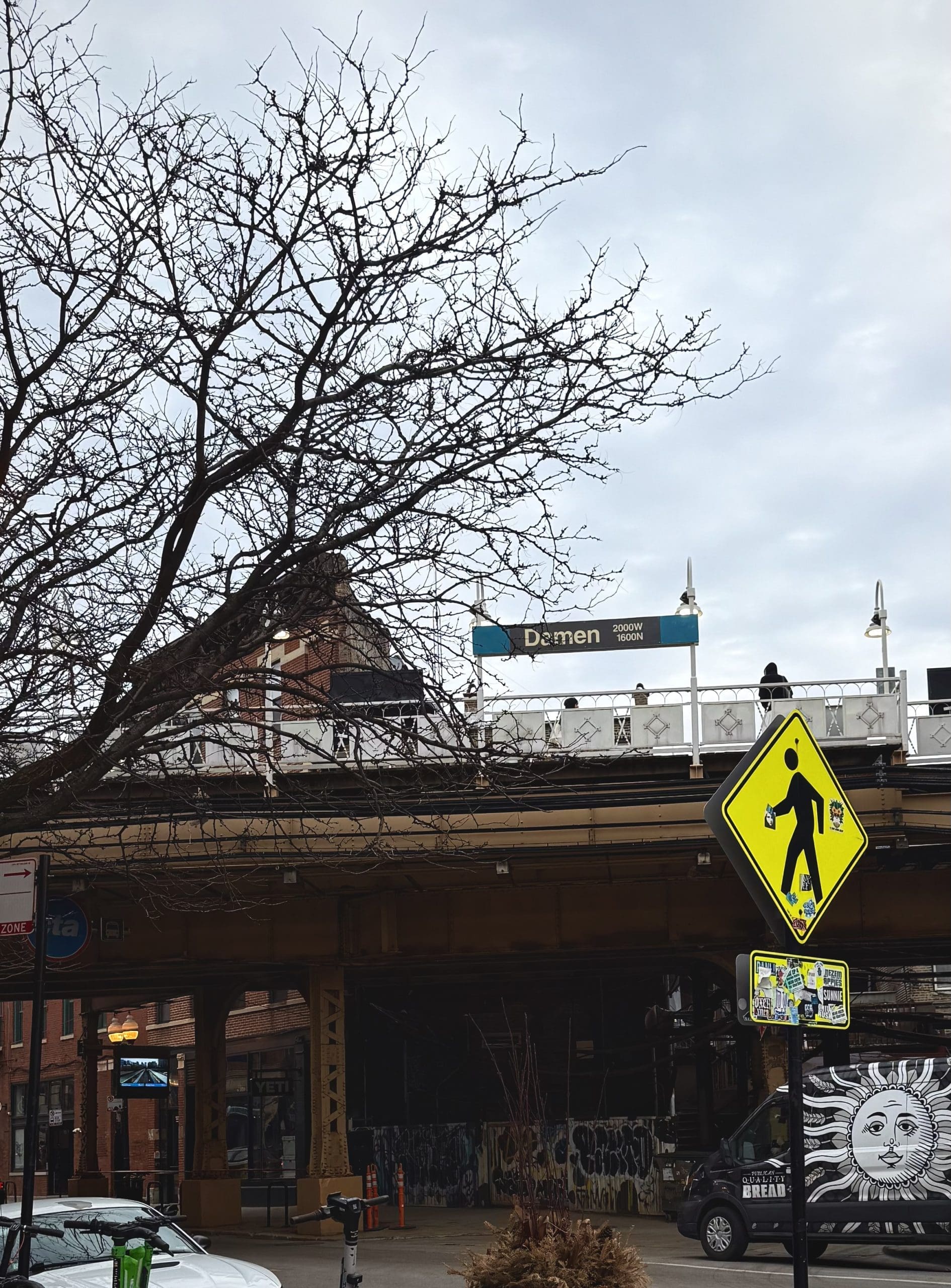 An image of the Damen Blue Line Station in Wicker Park.