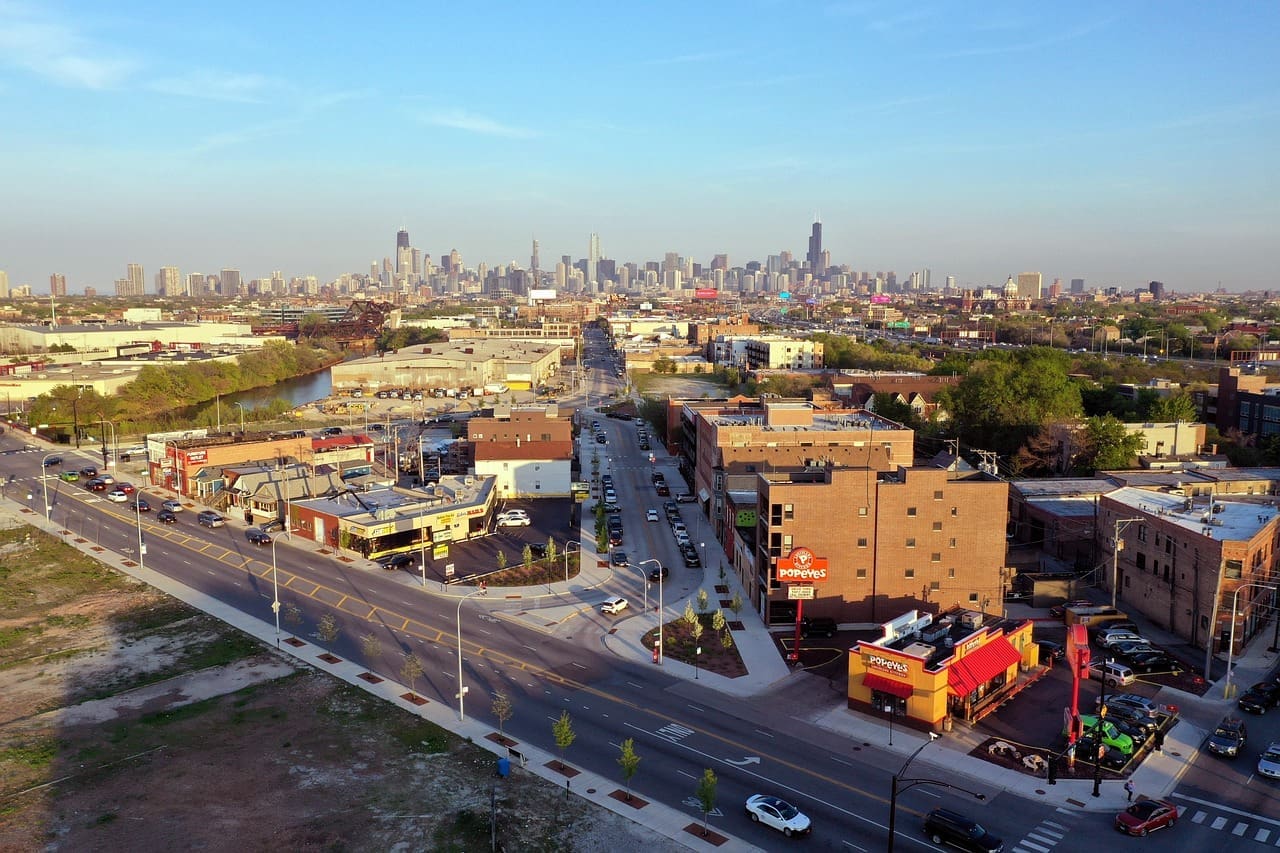 A bird's eye view of residential neighborhoods in Chicago.